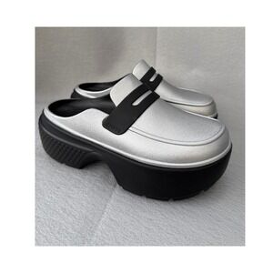Crocs Stomp Metallic Platform Clogs Silver Black‎ Womens 10 Mens 8 Slip On Mules